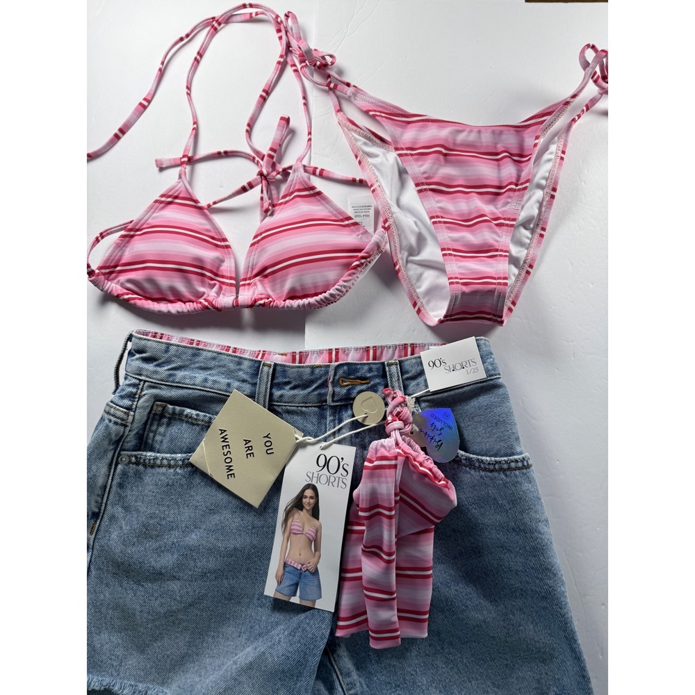 Simple Society 3 Piece Bikini and Denim Shorts Set Women XS Blue Pink NWT 90s